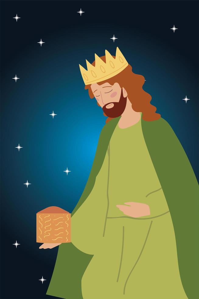 Natividad balthazar rey sabio personaje, fondo de estrellas vector