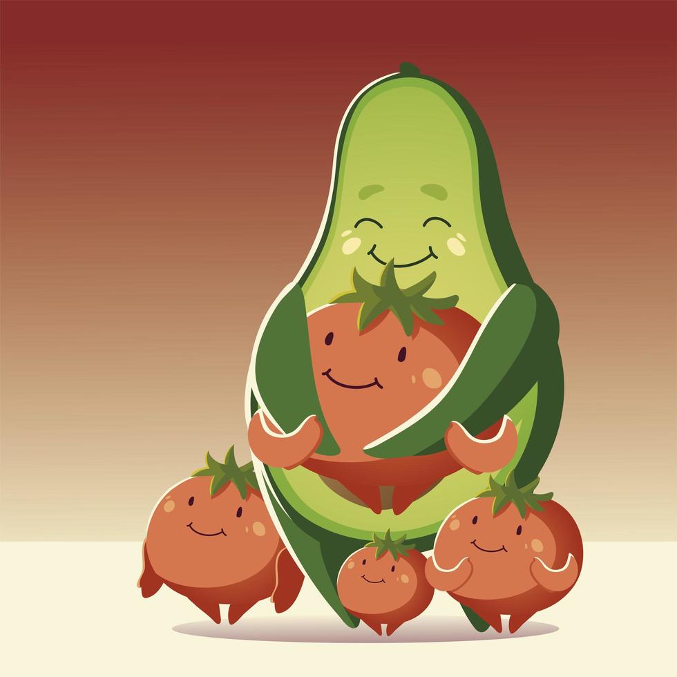 vegetables kawaii cute avocado with tomatoes cartoon style vector