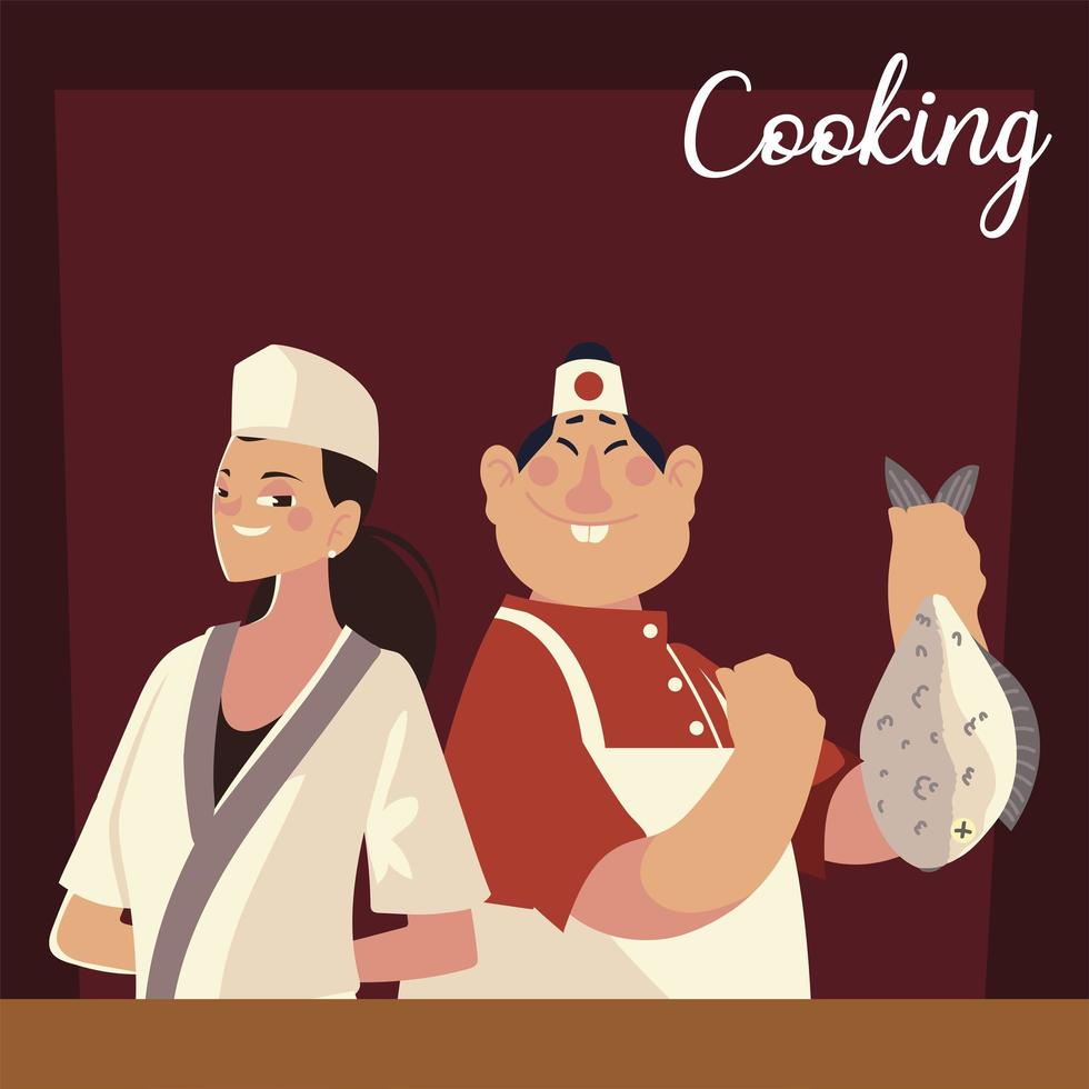 asian male and female chefs worker professional restaurant vector