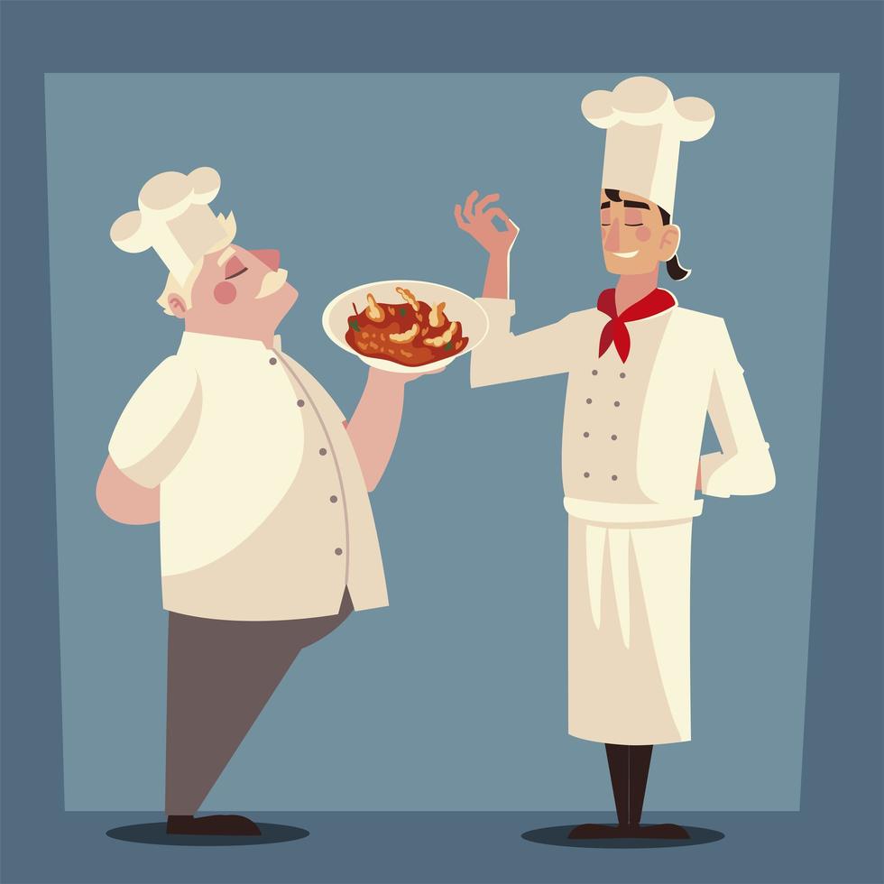 old and young chef with soup platter worker professional restaurant vector