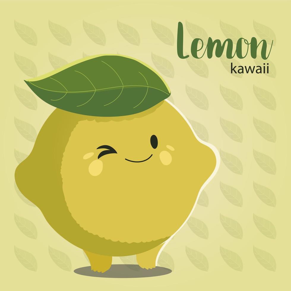 fruit kawaii cheerful face cartoon cute lemon leaf background vector