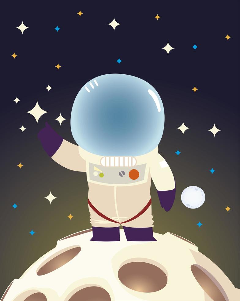 space astronaut with suit and helmet standing on moon cartoon vector