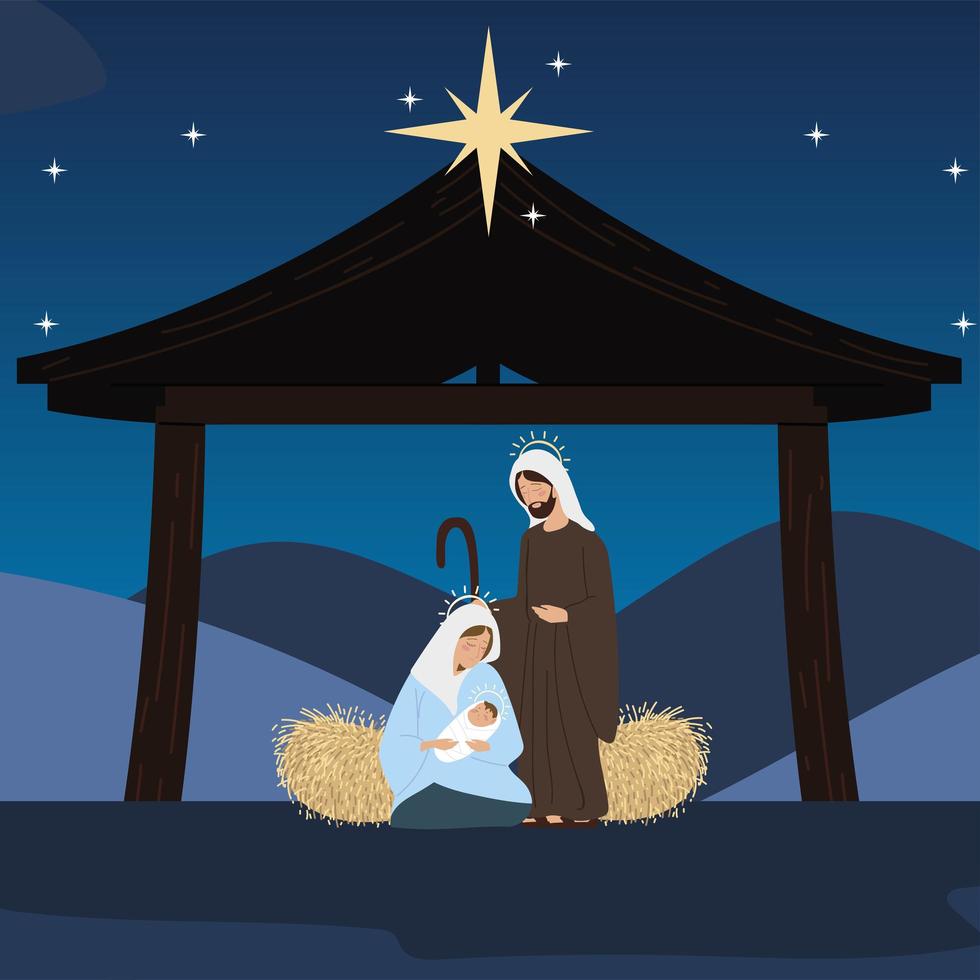 nativity mary joseph and baby in the crib star manger vector