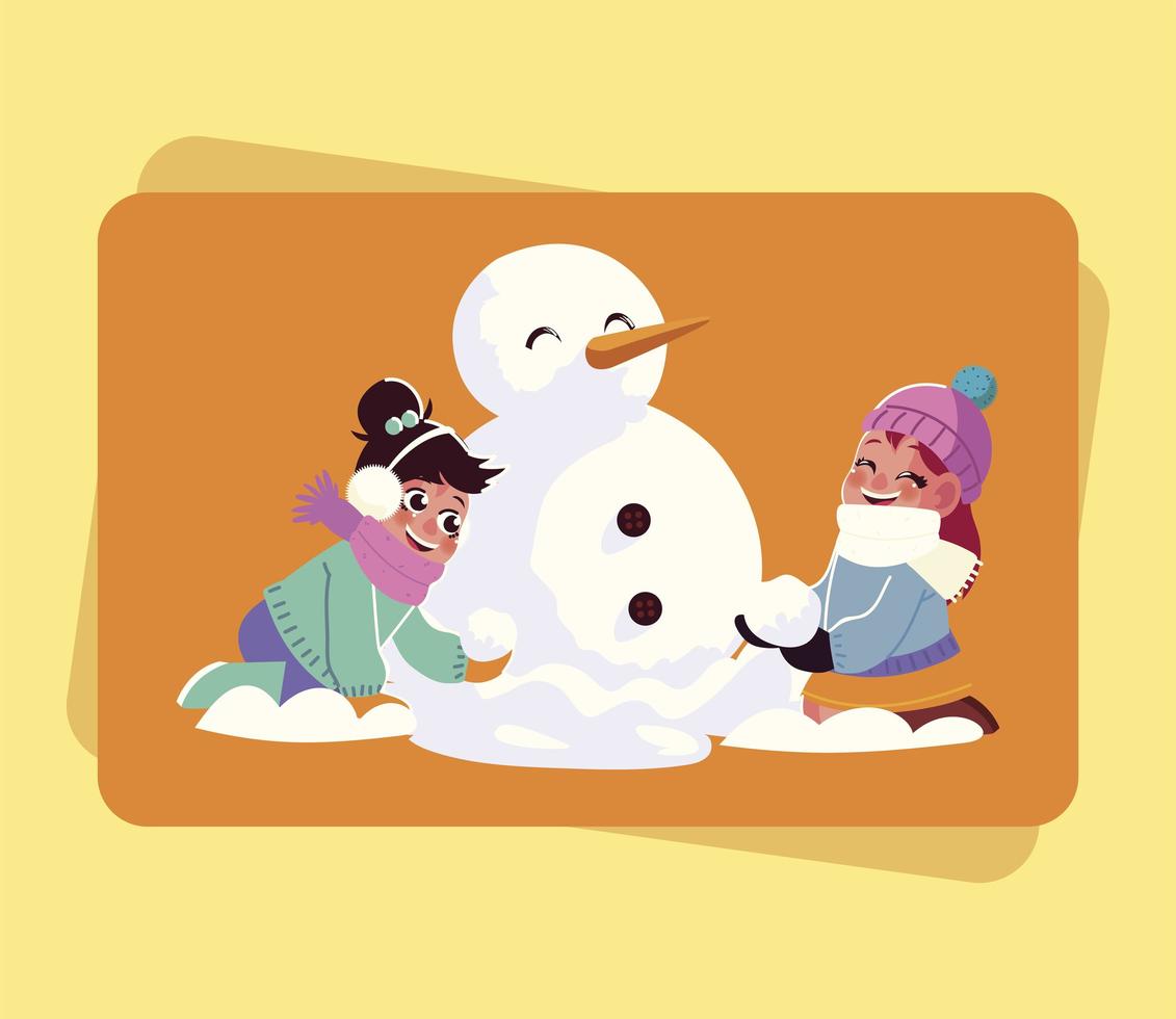 smiling girls making snowman playing with snowball cartoon vector