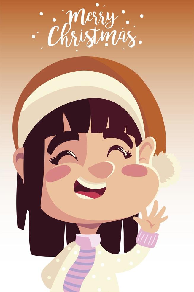 merry christmas cute girl with hat character portrait cartoon vector