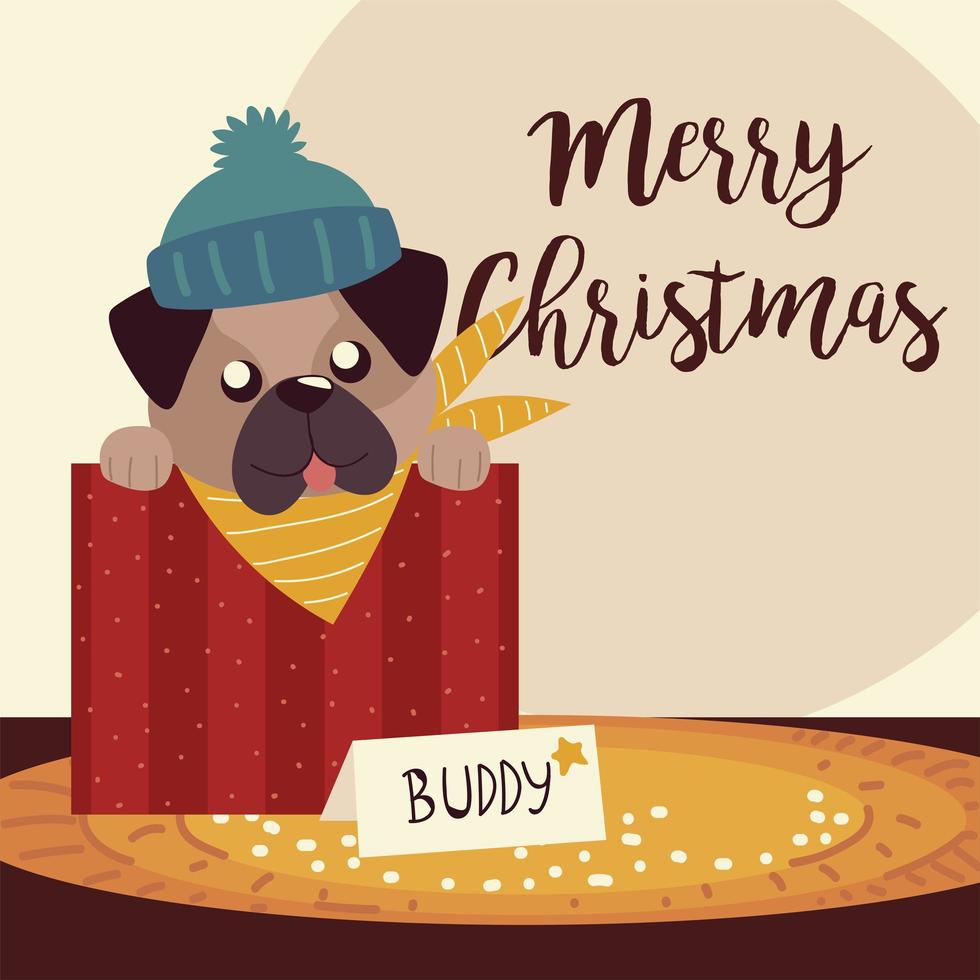 merry christmas cute dog in box greeting card vector