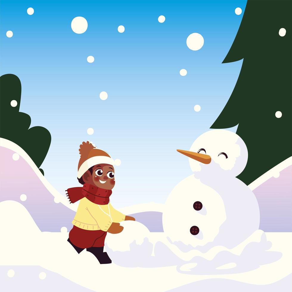 cute little boy with snowball making snowman in winter scene vector