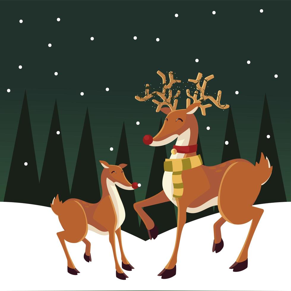 merry christmas reindeer family in the winter landscape vector