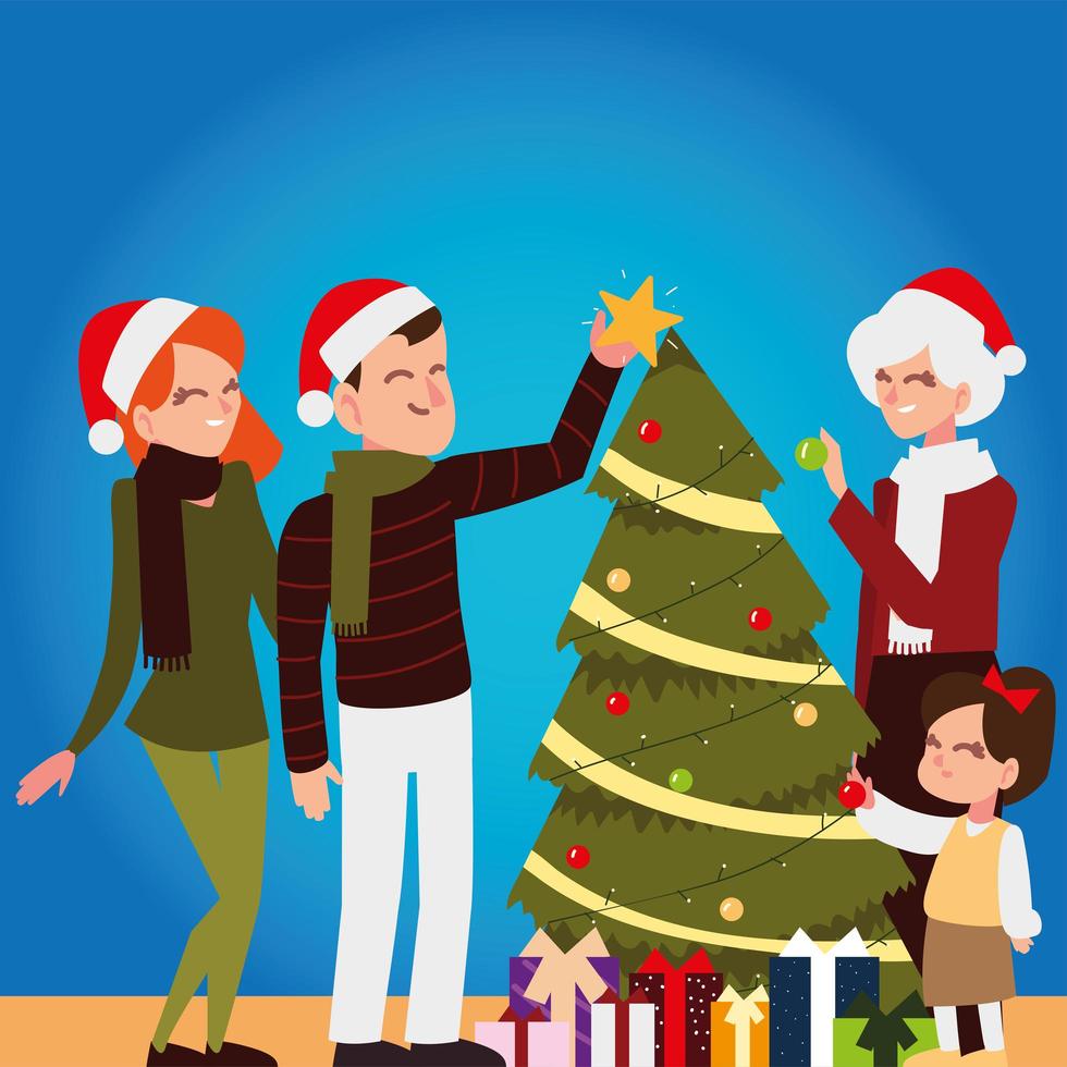 merry christmas family parents grandma and daughter with tree vector