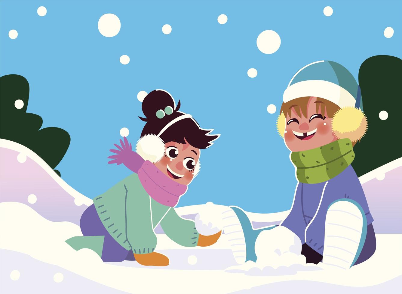 cute little childrens play snow in warm clothes vector