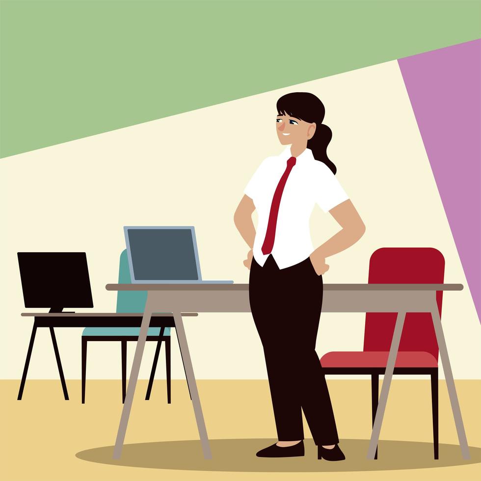 business people, businesswoman with computer desks and chair office vector