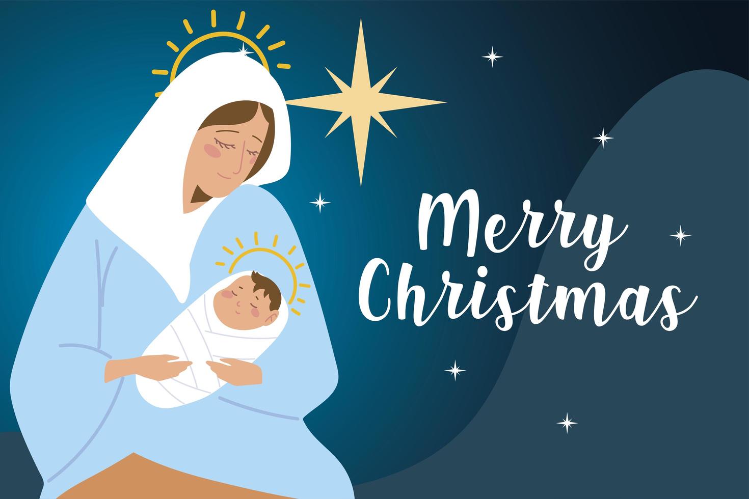 merry christmas holy mary and baby jesus bright star card vector