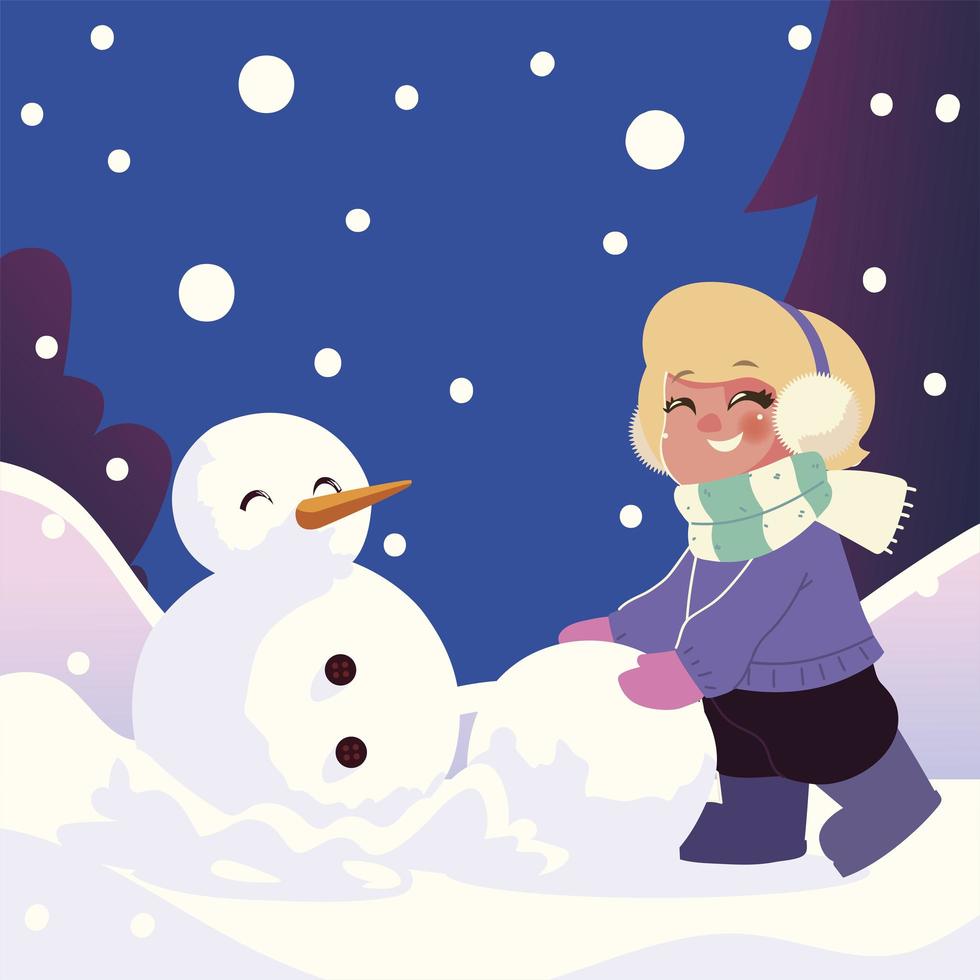 linda niña con bola de nieve haciendo muñeco de nieve en la escena de invierno vector