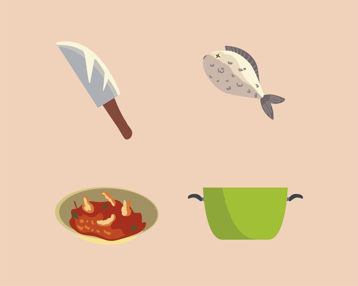 restaurante cocina utensilio cuchillo sopa pescado y tazón iconos vector