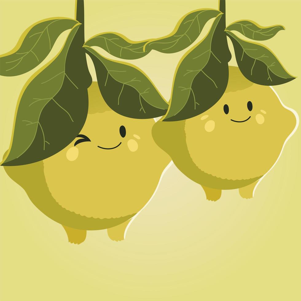 fruta, kawaii, alegre, cara, caricatura, lindo, limones, colgando, en, rama, árbol vector