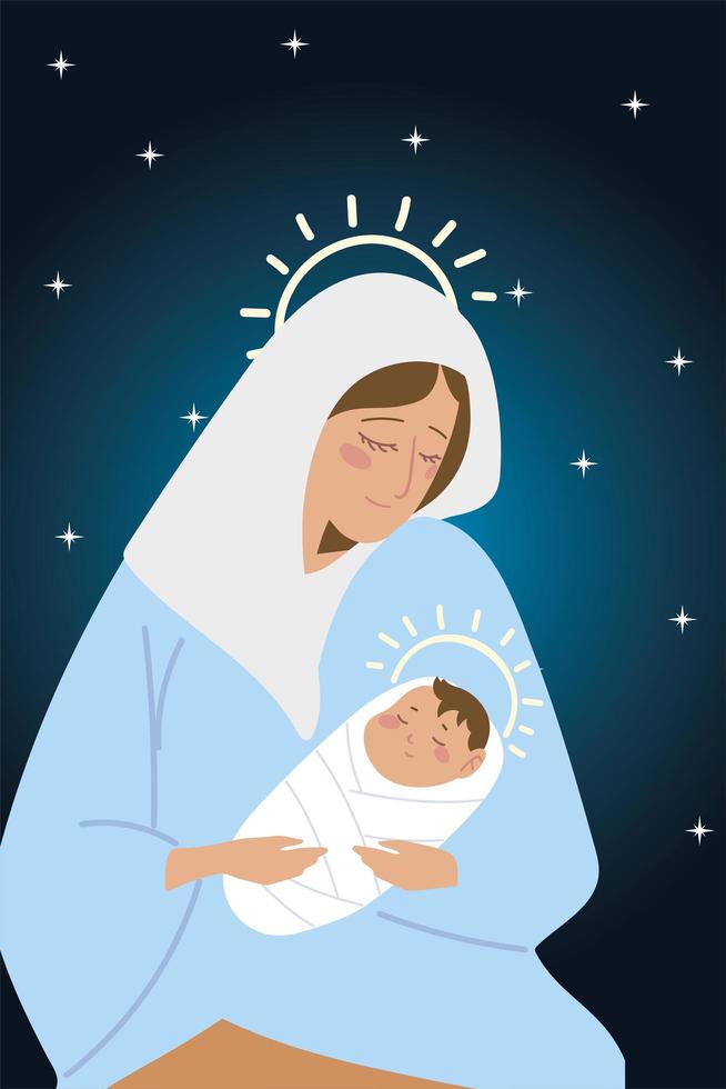 nativity holy mary carrying a baby jesus stars background vector