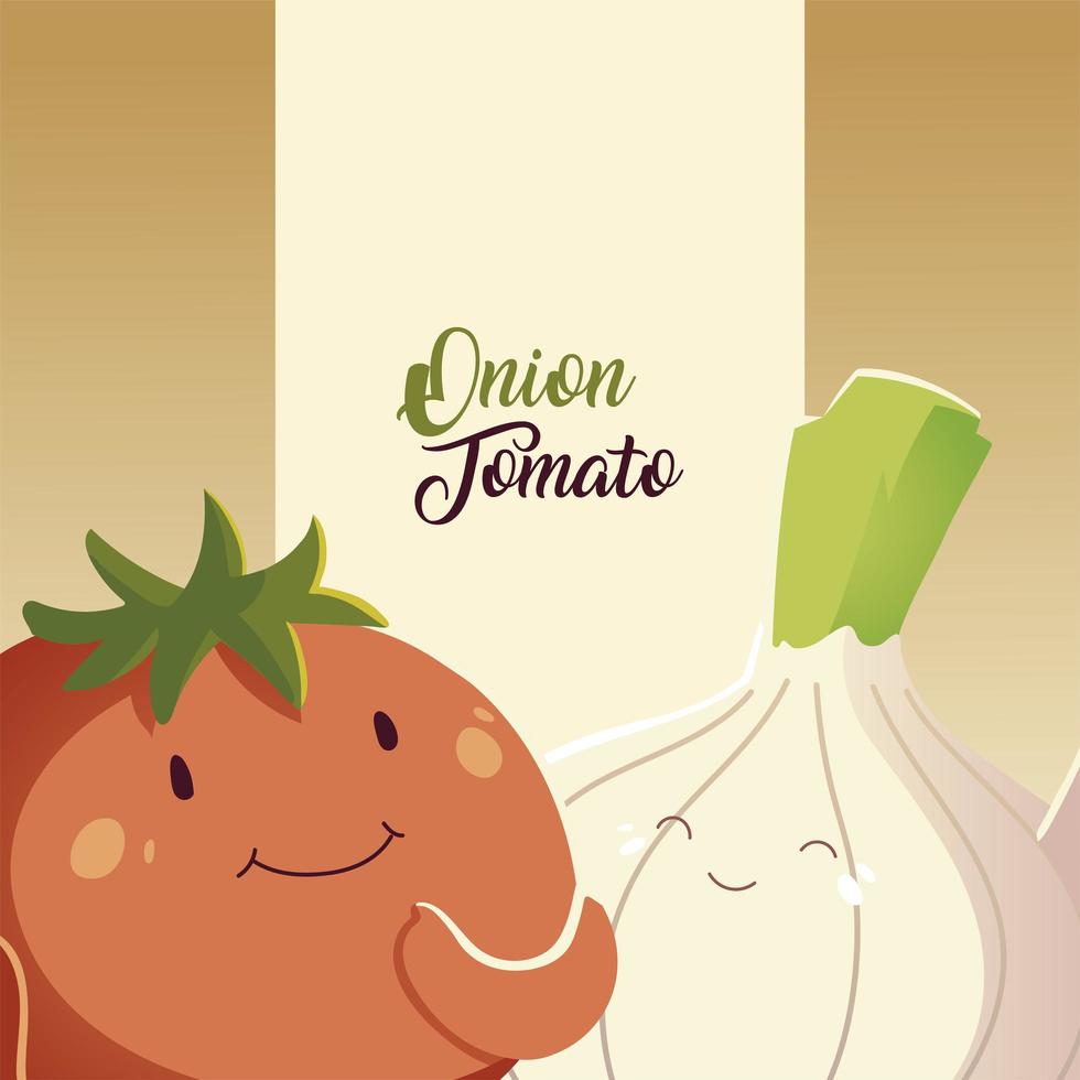 vegetables kawaii cute onion and tomato cartoon style vector
