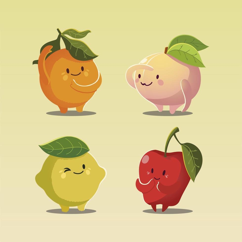 fruits kawaii funny face happiness apple peach orange and lemon vector