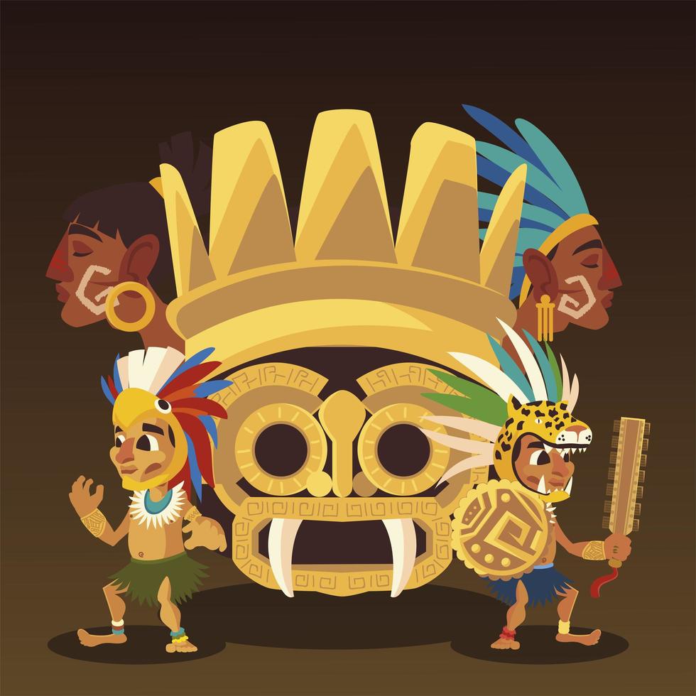 aztec totem warriors with headgear culture traditonal vector