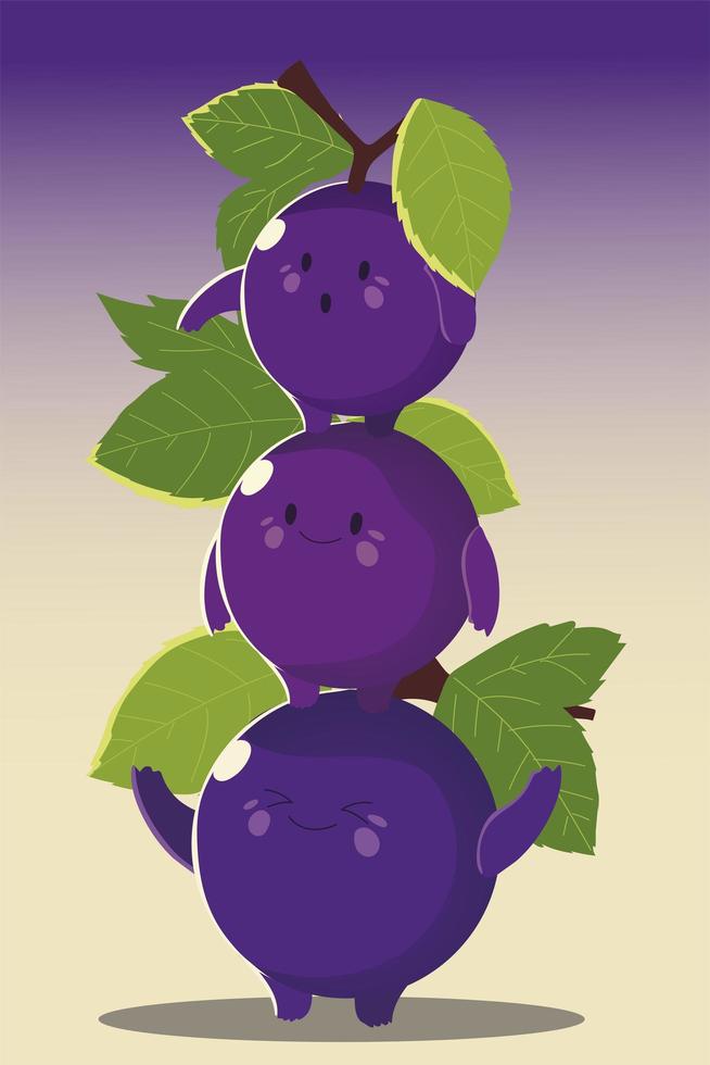 fruits kawaii funny face happiness cute grapes with leaf vector
