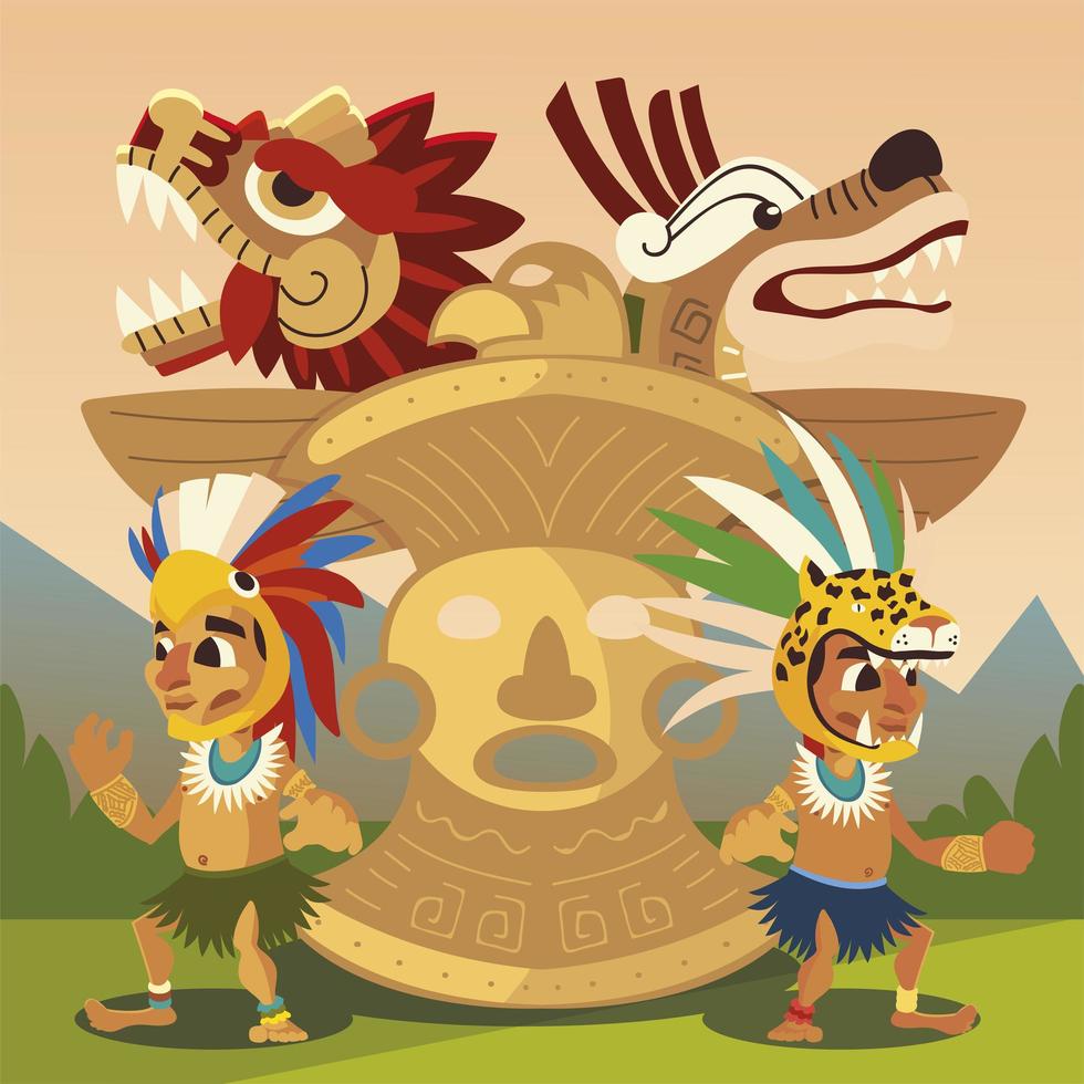 guerrero azteca personajes tótem y serpientes civilización antigua vector