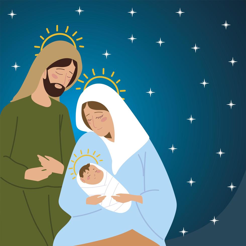 nativity joseph mary baby jesus manger and stars background vector