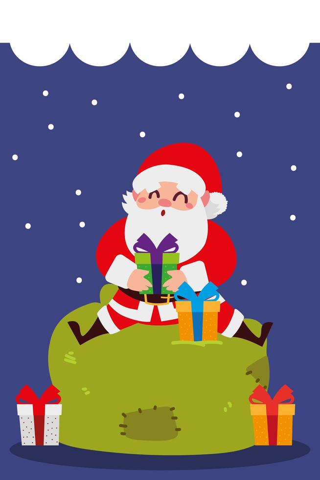 merry christmas santa with gifts sitting on bag celebration decoration vector