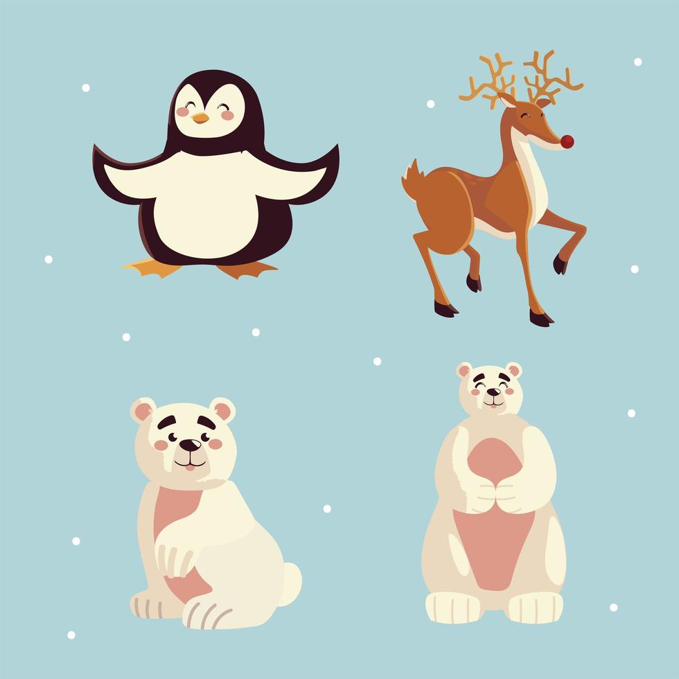 penguin reindeer polar bear cartoon animals icons set vector