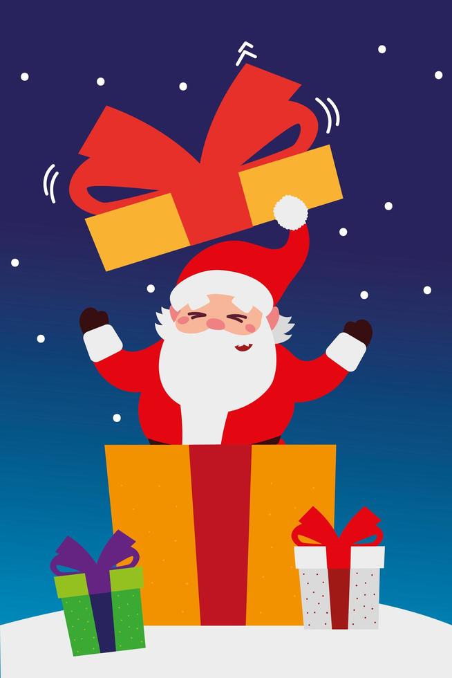 merry christmas, santa coming out gift in snow celebration decoration vector