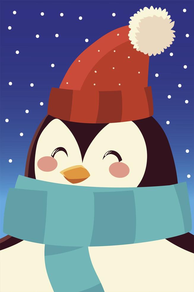 merry christmas penguin with hat and scarf character portrait cartoon vector