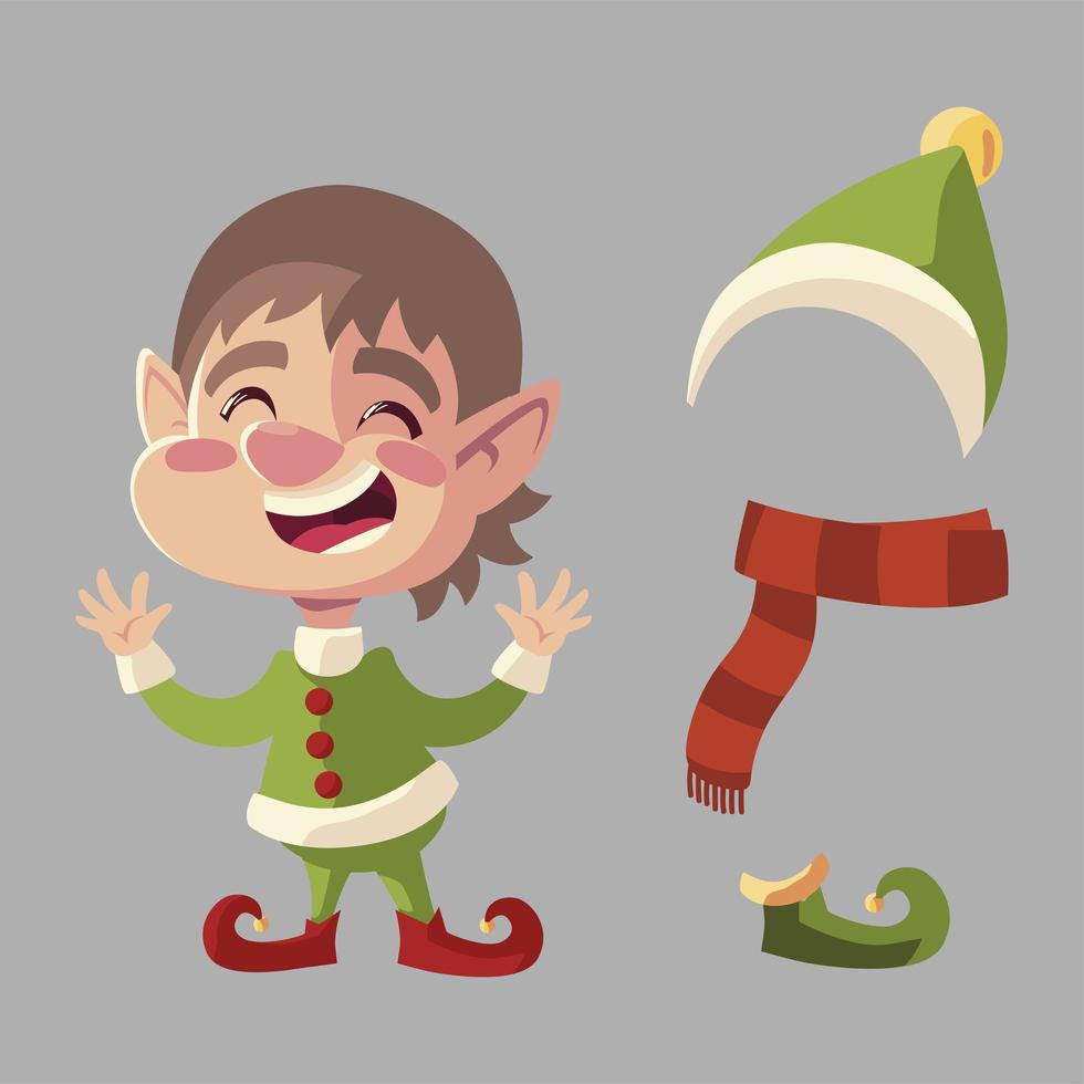 merry christmas cartoon elf scarf hat and boot icons set vector