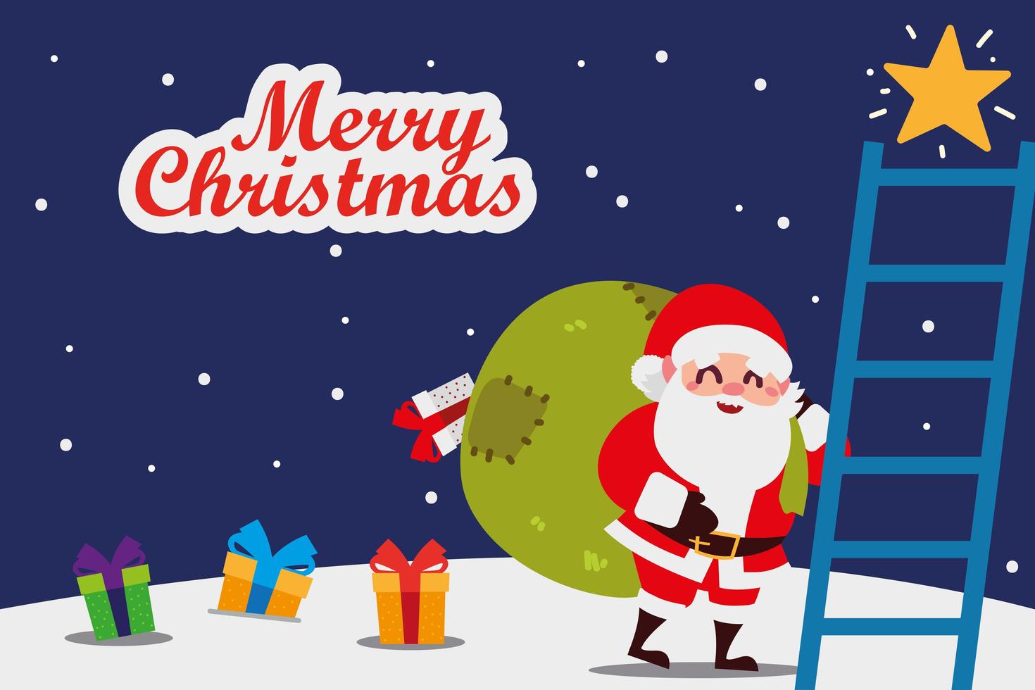 merry christmas santa with bag gifts and ladder vector