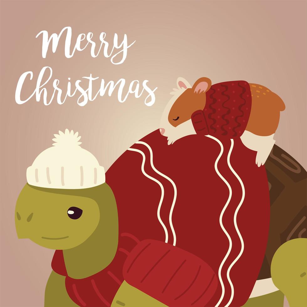 merry christmas greeting card with turtle hamster with sweater and hat vector