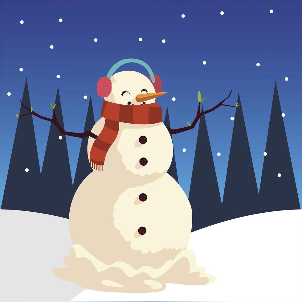 merry christmas snowman with scarf earmuffs in winter landscape vector