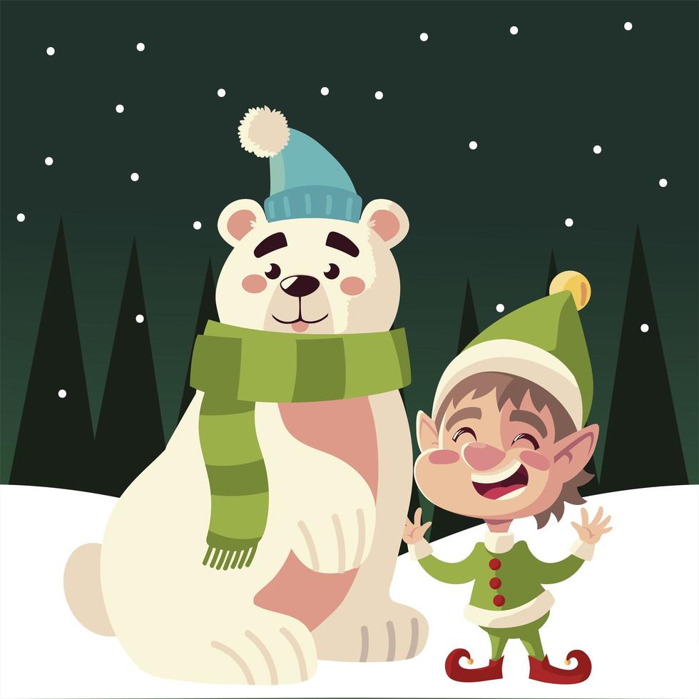 feliz navidad lindo ayudante y oso polar con bufanda paisaje invernal vector