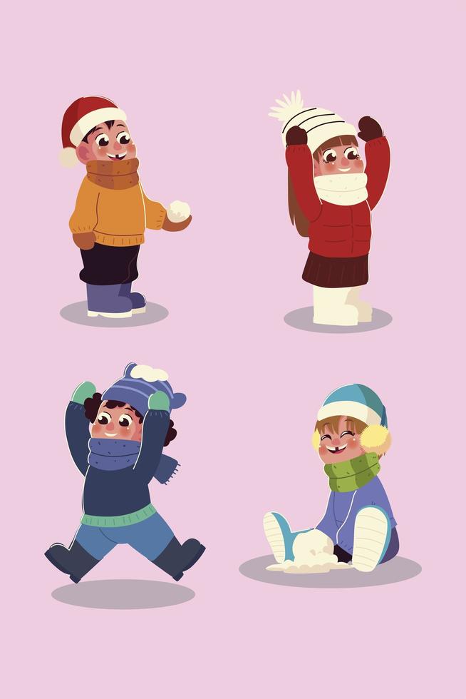 temporada de invierno niños y niñas con ropa de abrigo y dibujos animados de bolas de nieve vector