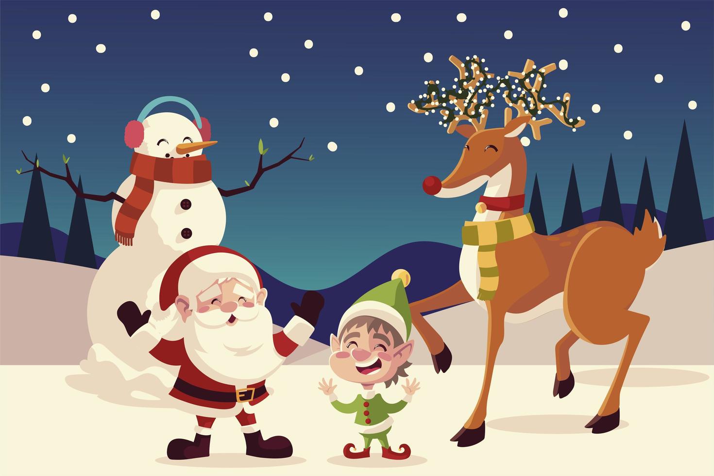 merry christmas santa elf reindeer snowman snowy landscape vector