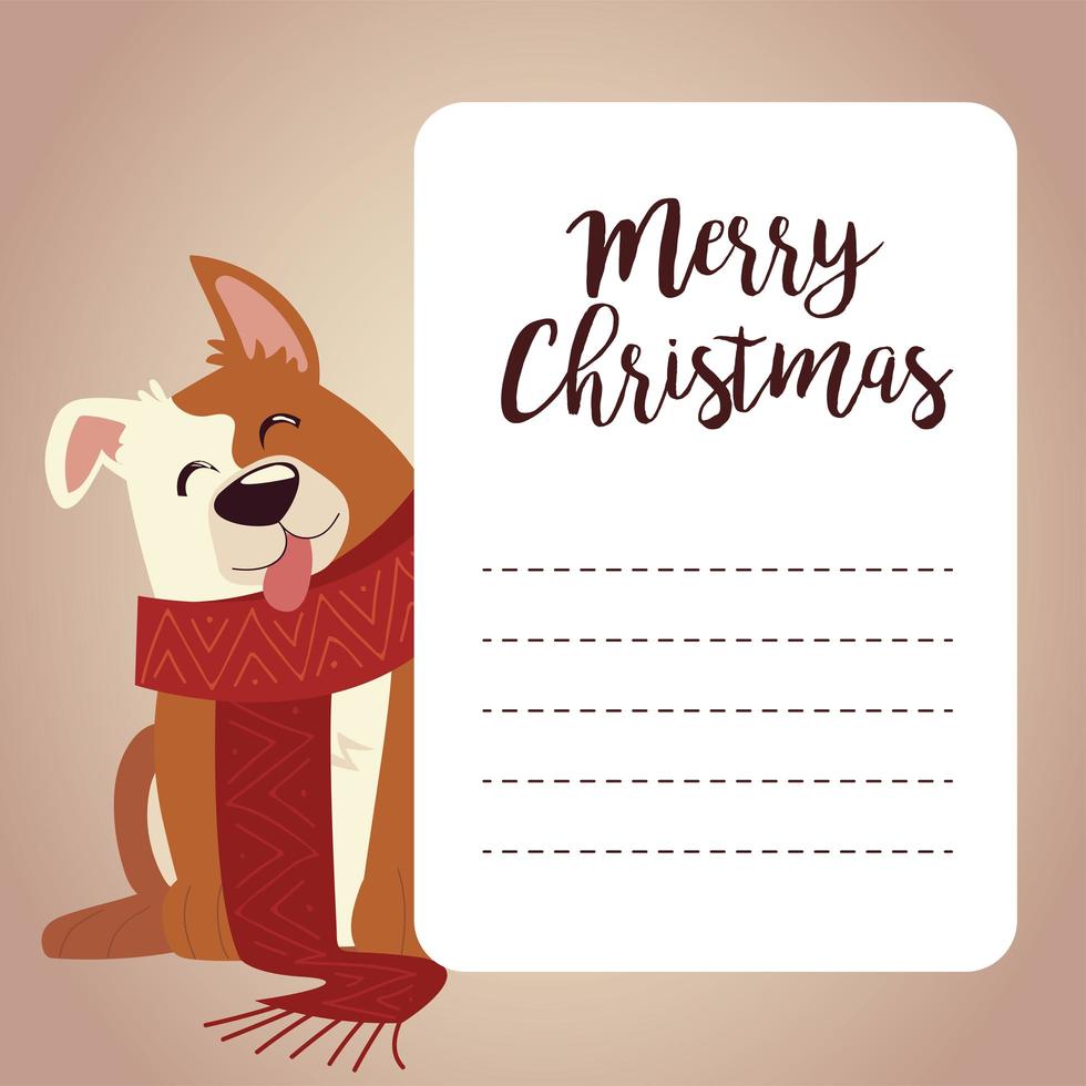 feliz navidad, lindo, perro, lengua, afuera, con, bufanda, tarjeta, plantilla vector