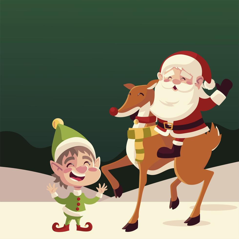 merry christmas cute santa claus in reindeer with helper greeting card vector