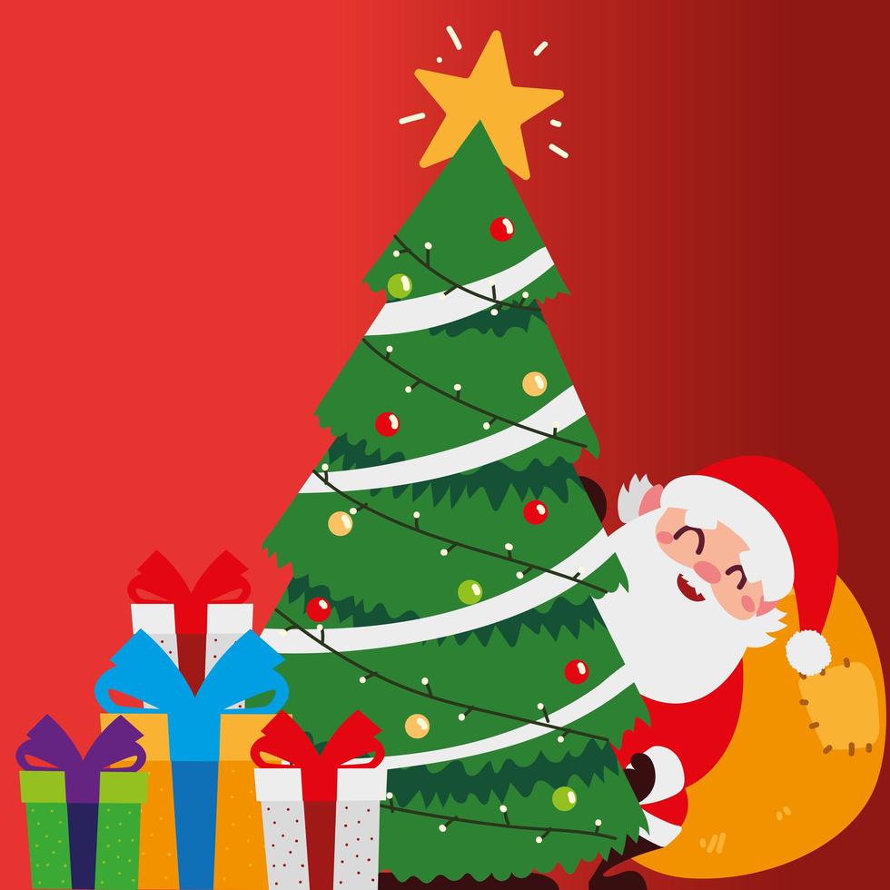 merry christmas santa with tree bag and gifts celebration decoration vector