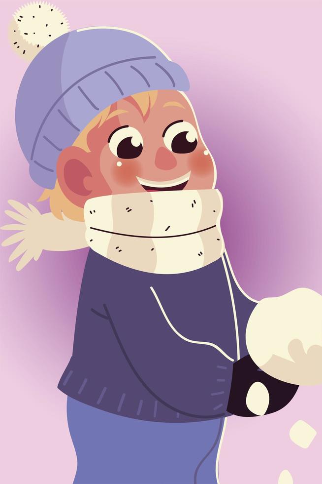 funny little boy in winter clothes and snowball vector