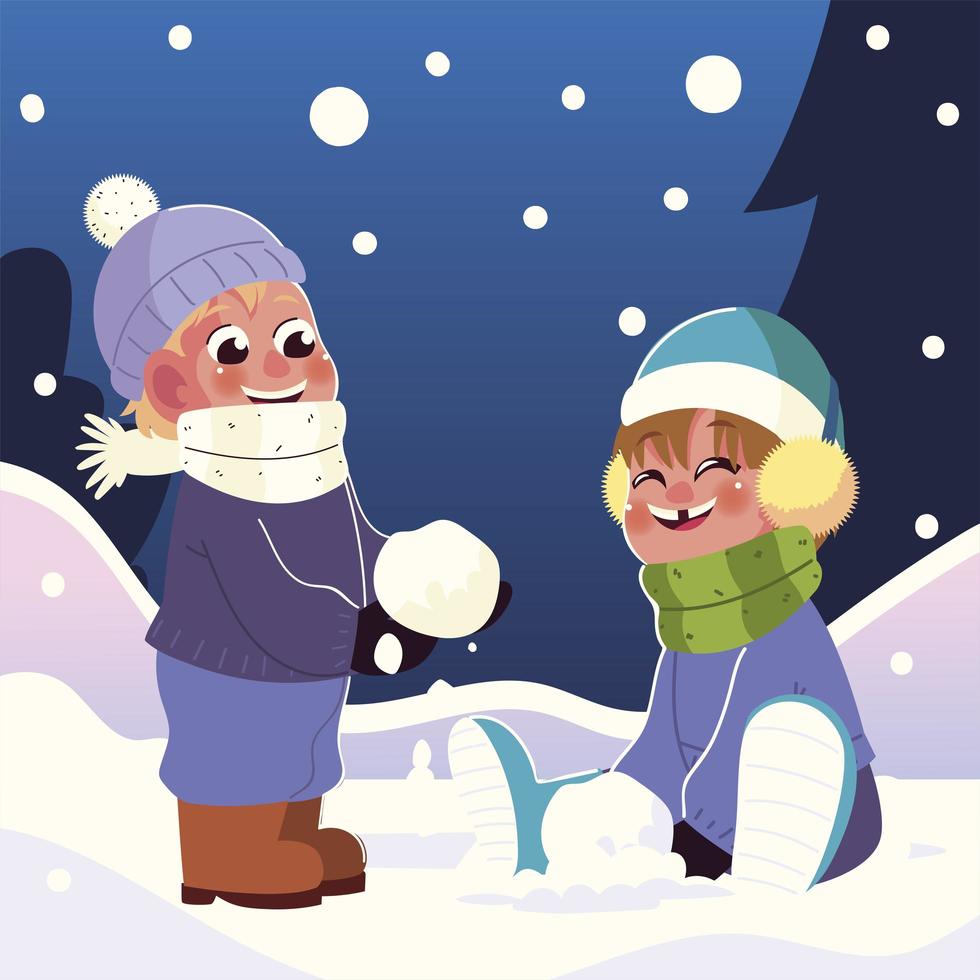 happy kids with earmuffs and scarf playing with snowball vector