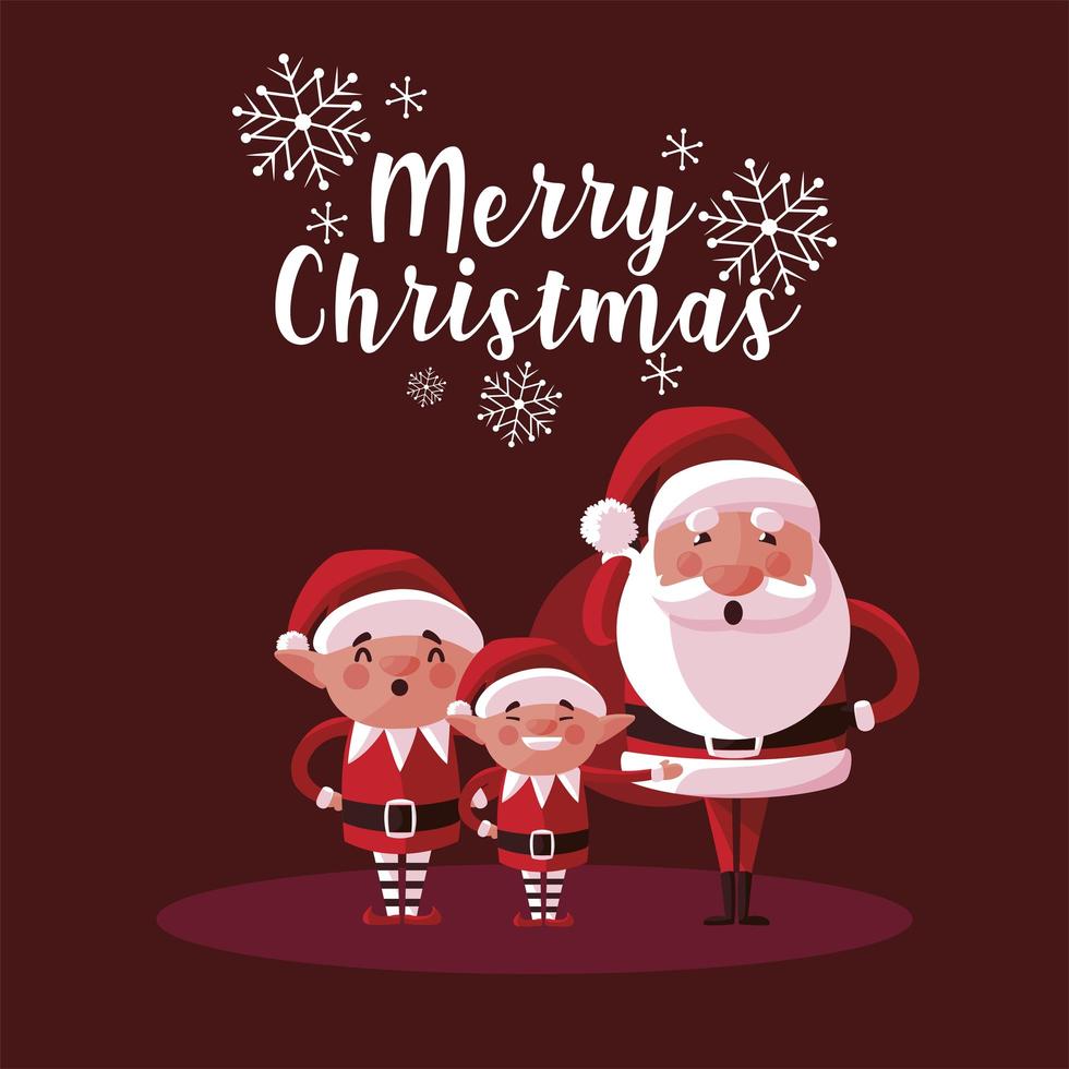 merry christmas cute santa and helpers characters card vector