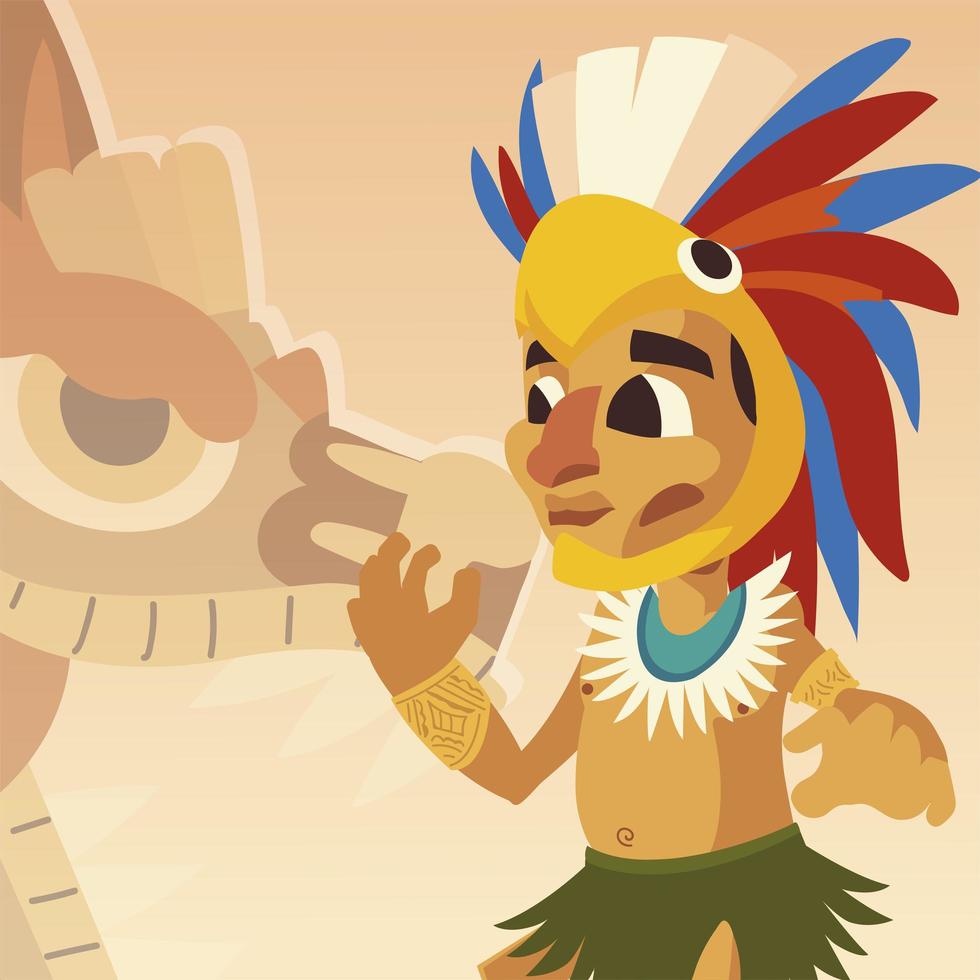 aztec warrior with feathered headgear and snake background vector