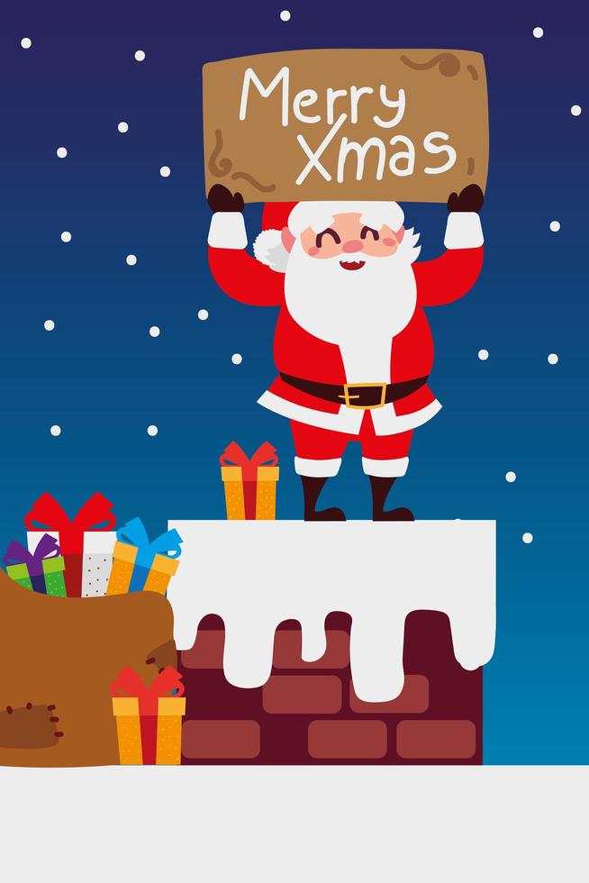 feliz navidad santa con letras y regalos en la celebración de la chimenea vector