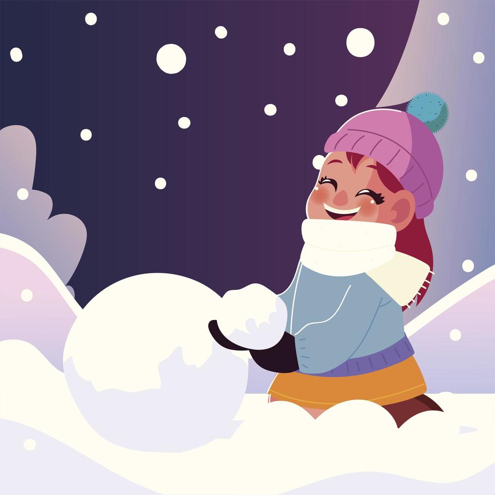 niña sonriente con bola de nieve en invierno vector