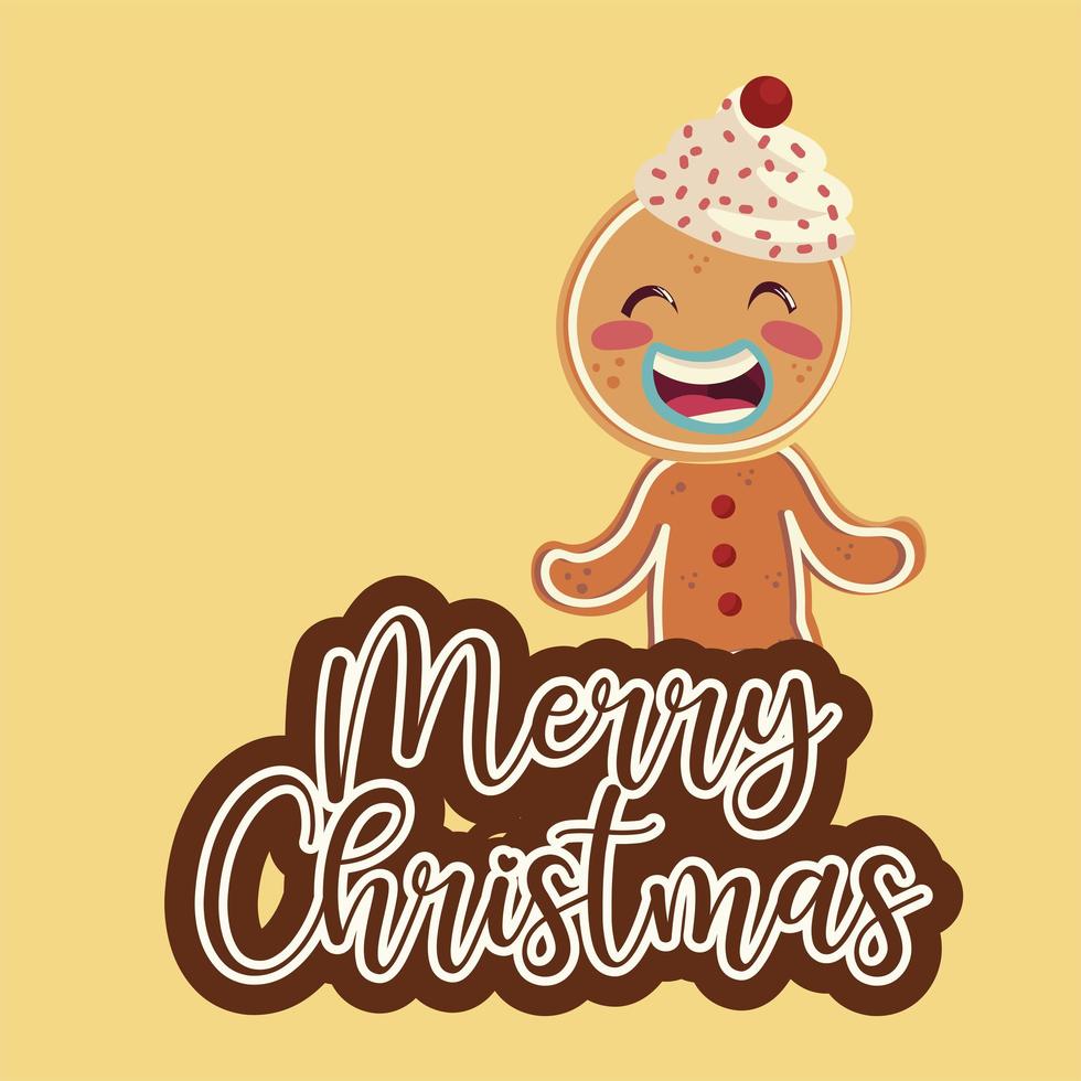 merry christmas greeting card, gingerbread man character cartoon vector