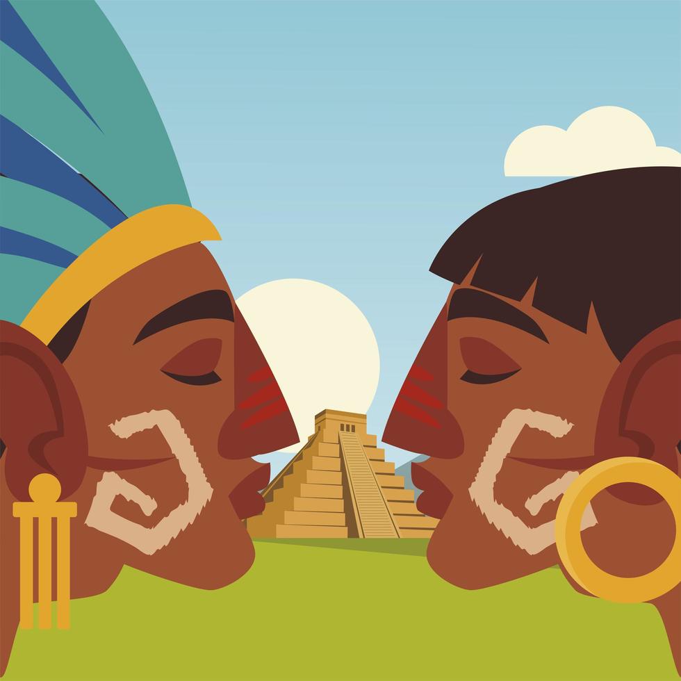 Guerrero azteca y pirámide en escena al aire libre vector