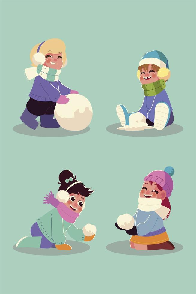 niñas felices jugando con las bolas de nieve en la temporada de invierno vector