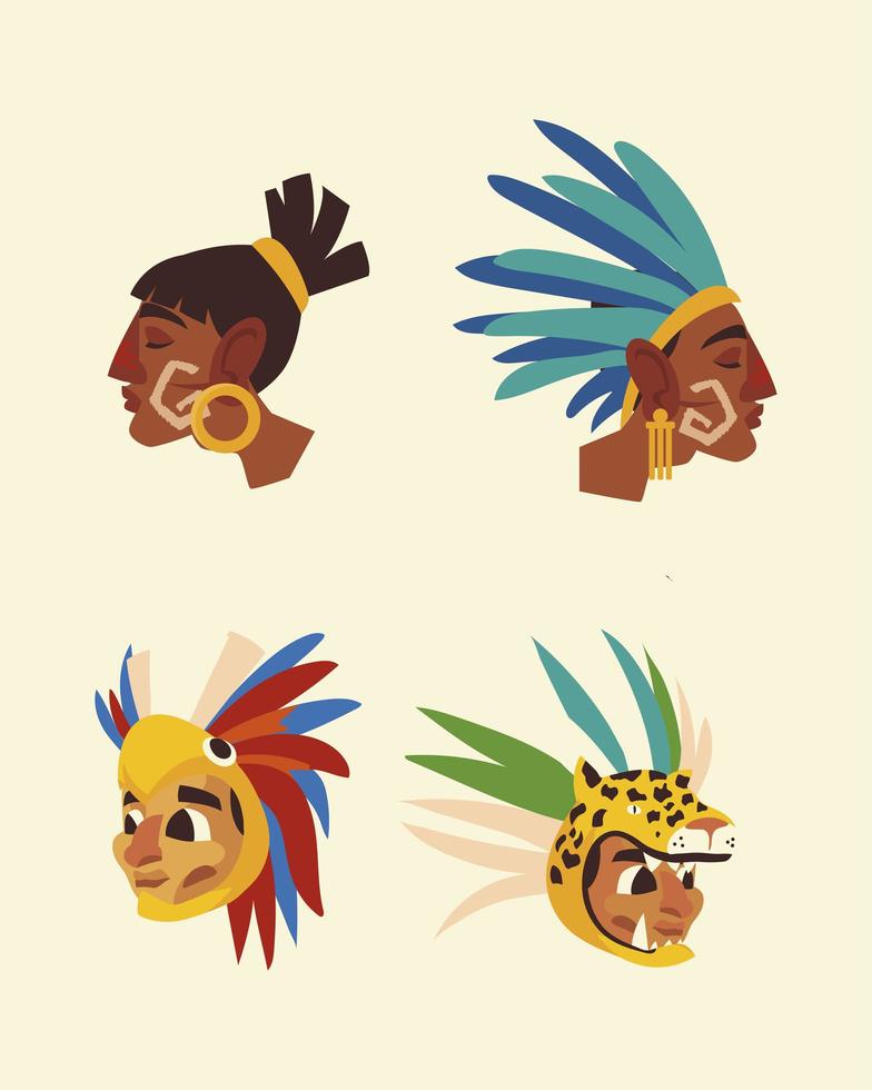 aztec warrior faces traditional headgear feathers icons vector